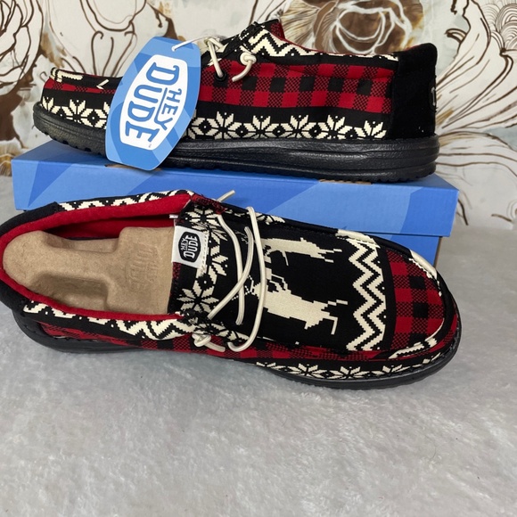 Hey Dude Other - Hey Dude Wally Holiday Cheers Men's Black Red Shoes Christmas Dudes Sz 12 NIB